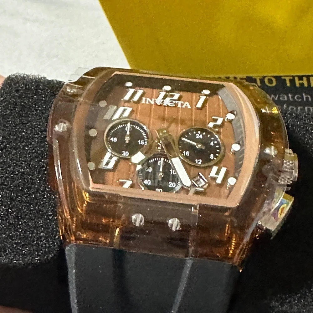Invicta Men’s Chronograph Tonneau Watch Black Silicone Strap Bronze Dial NIB